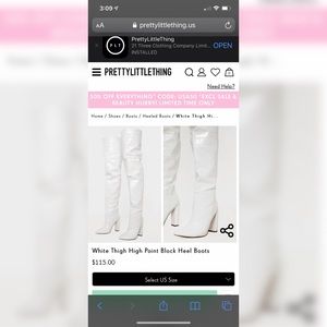 prettylittlething white thigh high boots